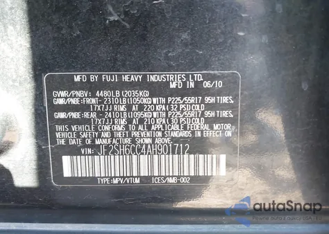 2010 Subaru Forester 2.5X Premium z USA, uszkodzony, nr VIN JF2SH6CC4AH901712